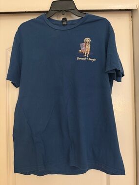 Gildan Blue Tee with Golden Retriever and Flag Graphic